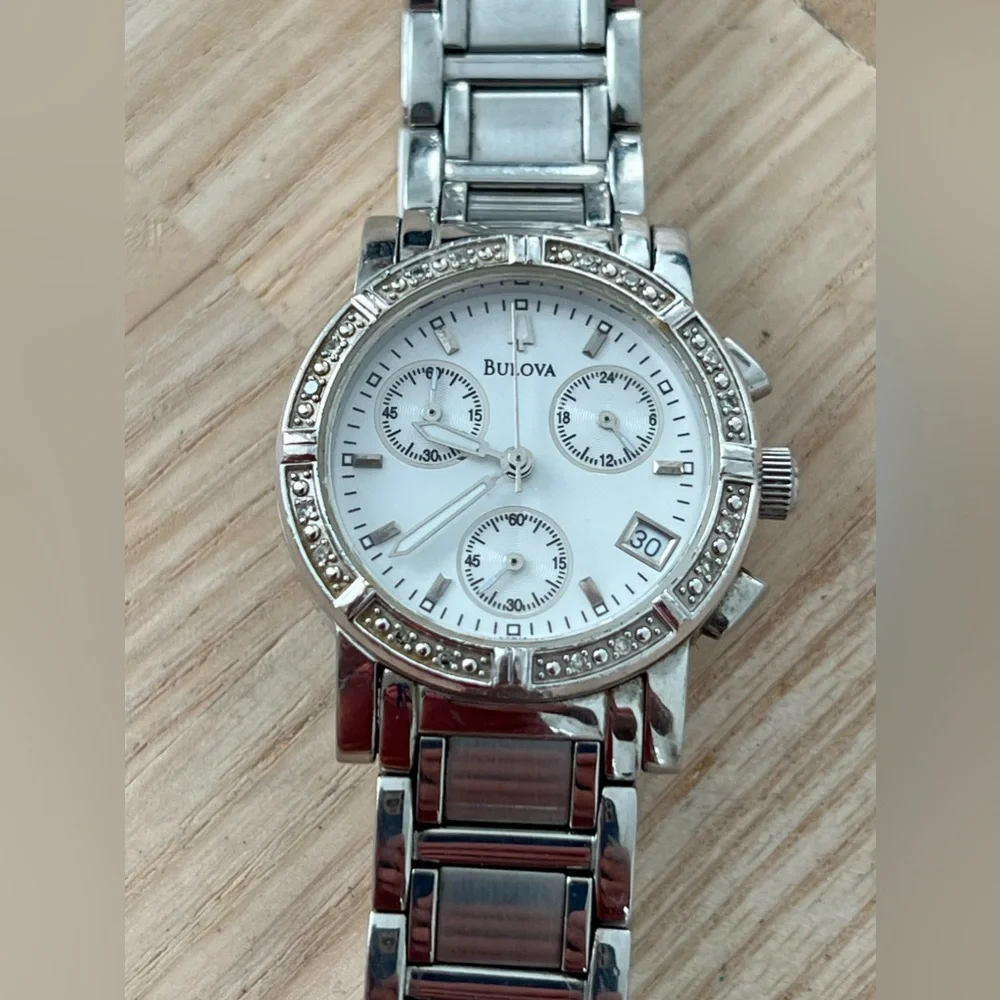 Bulova Diamond Chronograph Ladies Watch Mother of Pearl Dial Stainless Bracelet